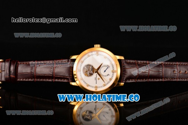 Vacheron Constantin Patrimony Tourbillon Swiss ETA 2824 Automatic Yellow Gold Case with Diamonds Markers Brown Leather Strap and White Dial - Click Image to Close